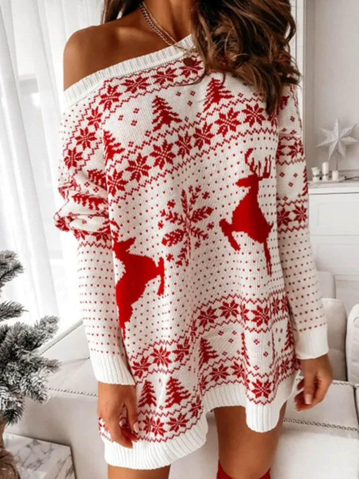 Oversized Long Sleeve Off-Shoulder Christmas Sweater