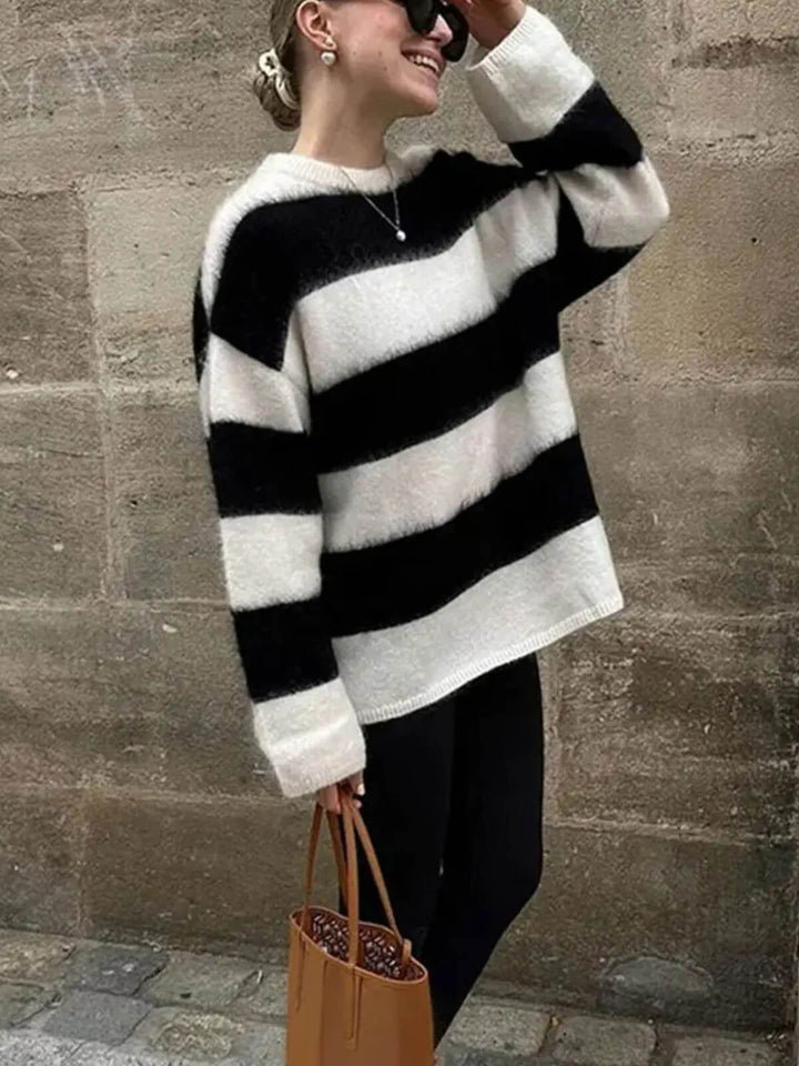 Women's O-Neck Long Sleeve Stripe Loose Sweater