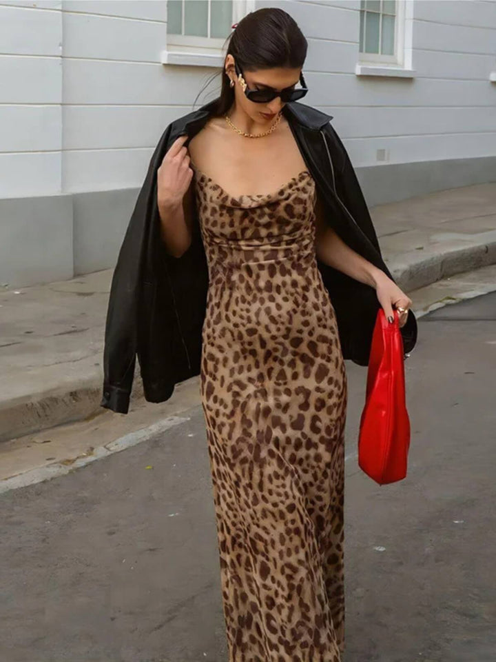 Women's Sexy Sleeveless V-Neck Leopard Print Chiffon Cami Dress