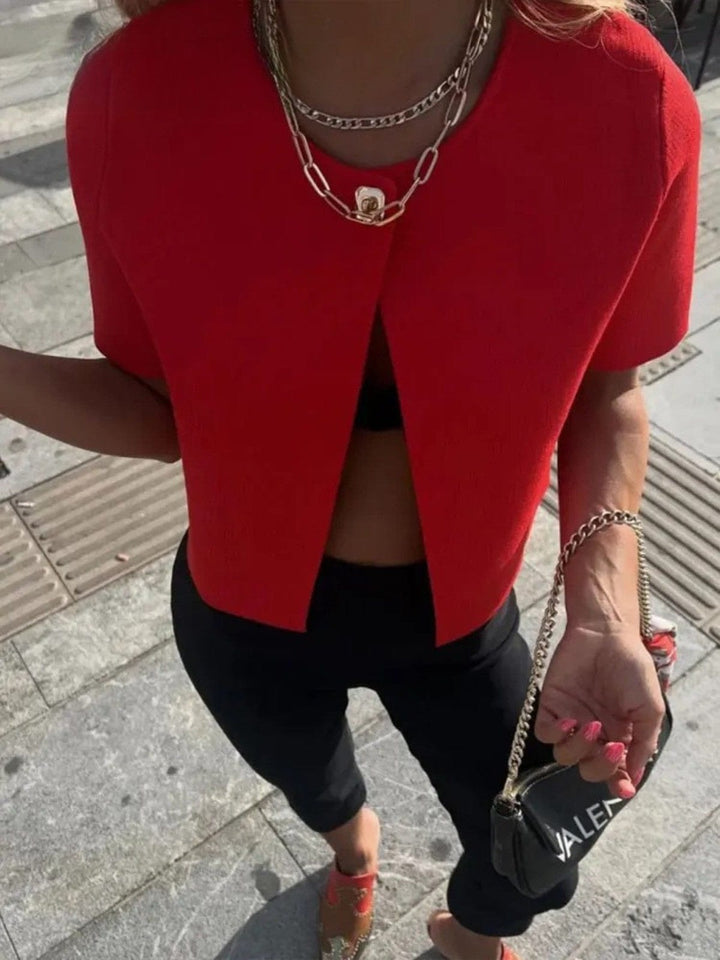 Elegant Short-Sleeve Cropped Cardigan with Metal Buttons