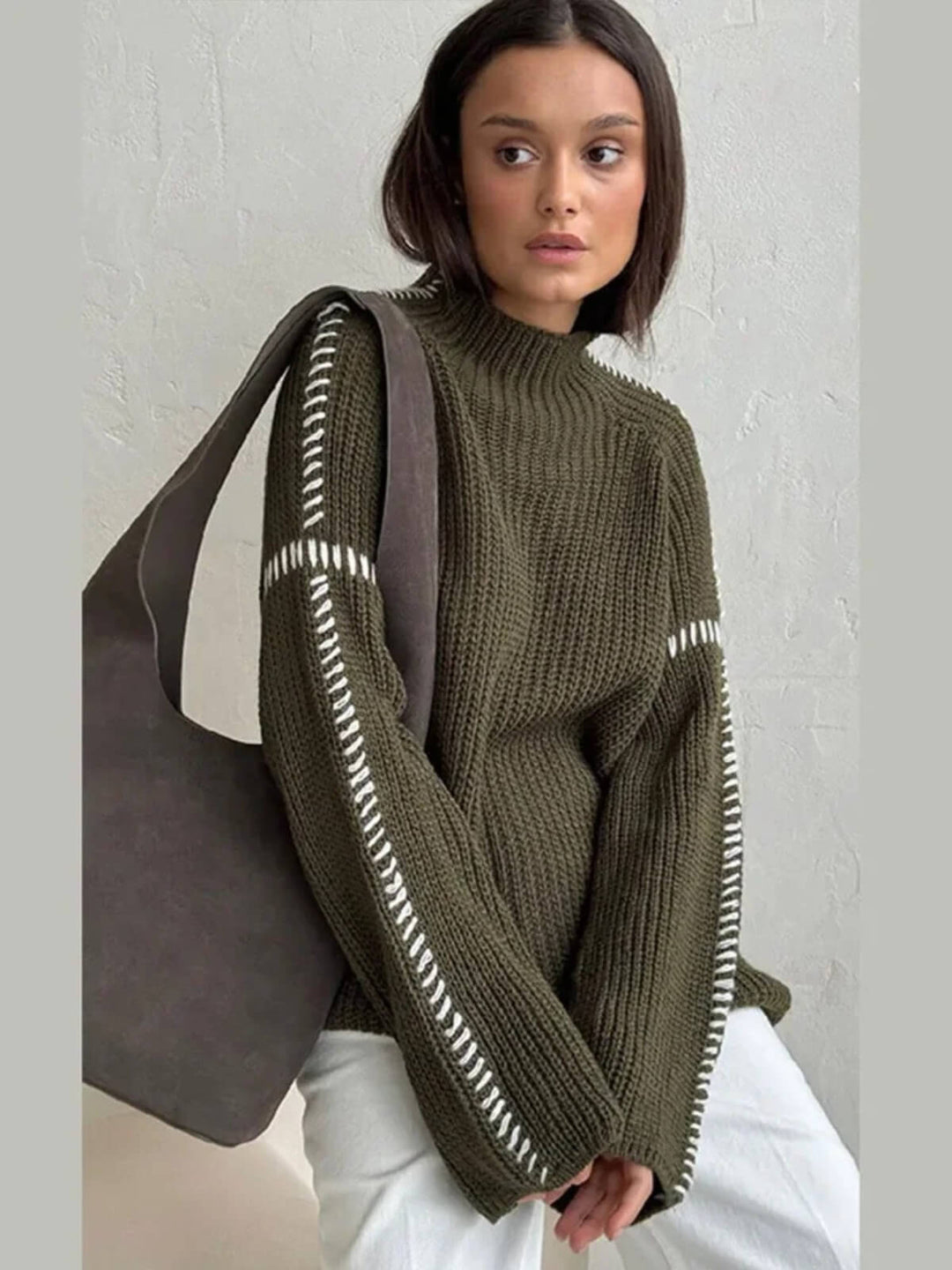 Women's Minimalist Patchwork High Neck Sweater