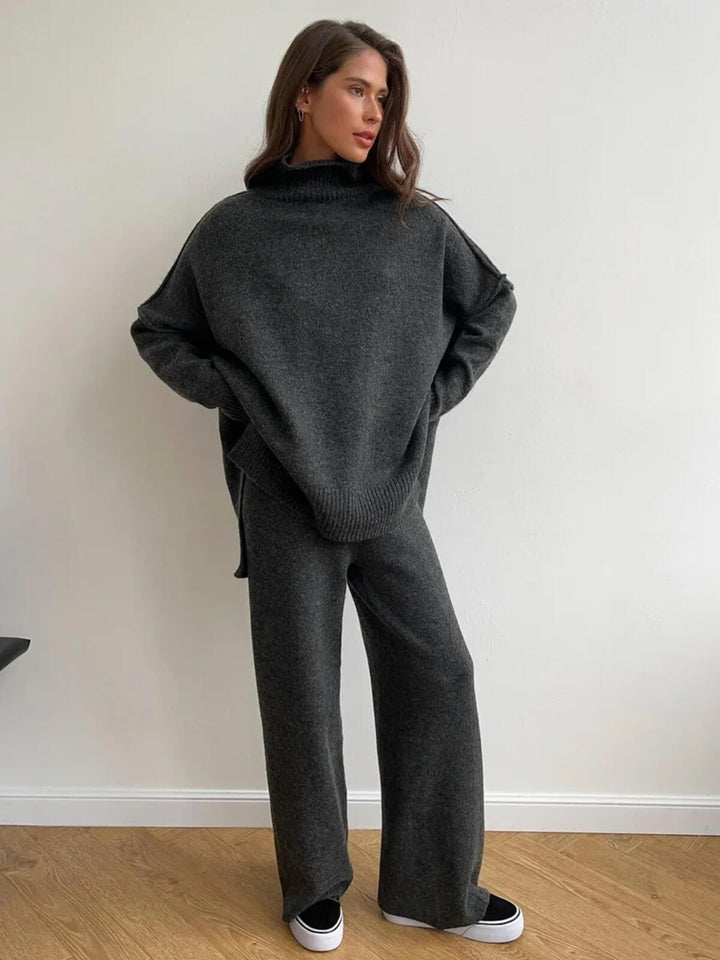 Casual Thickened Turtleneck Sweater Knitted Trousers Set
