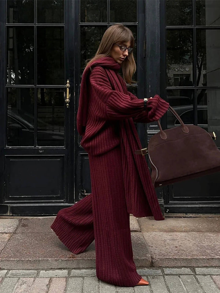 Chic Two-Piece Oversize Scarf Collar Sweaters Wide Leg Pants