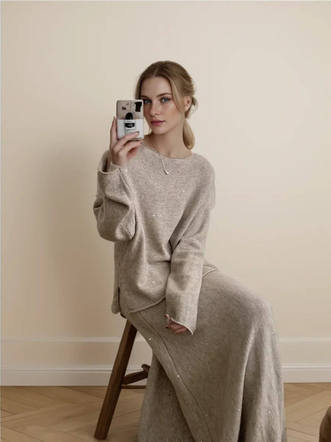 Elegant Slash Neck Sweater & Midi Dress Bling Knitted TrackSuit