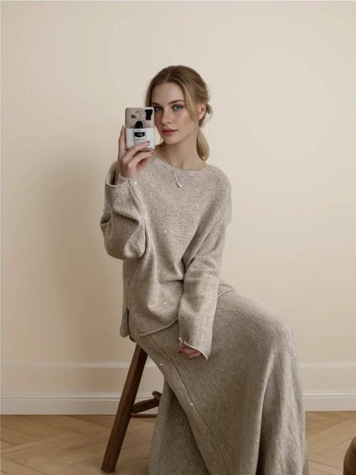 Elegant Slash Neck Sweater & Midi Dress Bling Knitted TrackSuit