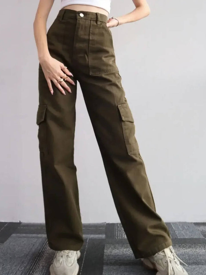 Slim Fit Wide Leg Pockets Mid Waist Pants
