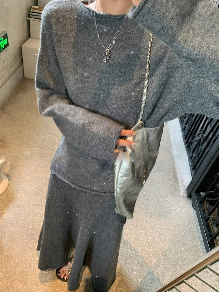 Elegant Slash Neck Sweater & Midi Dress Bling Knitted TrackSuit