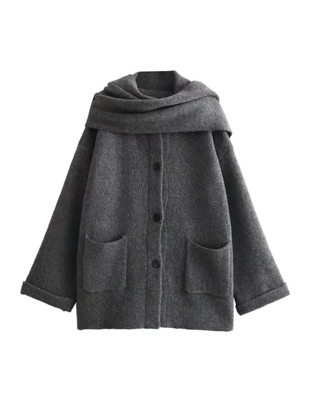 Slim Fit Long Sleeve Cardigan With Patchwork Pockets and Scarf