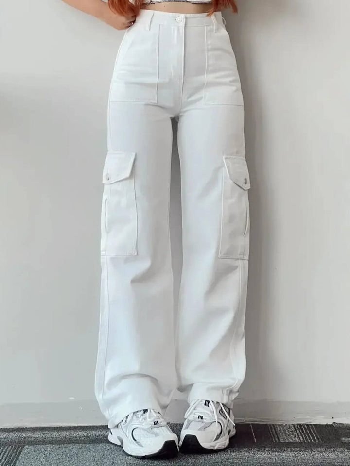 Slim Fit Wide Leg Pockets Mid Waist Pants