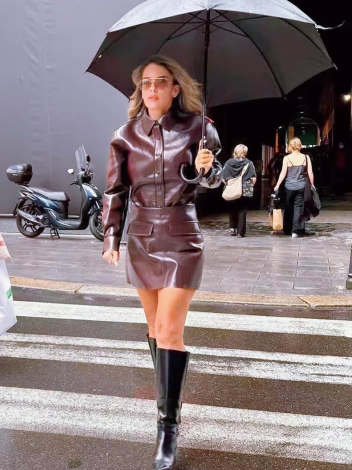 Retro Slim-Fit Lapel Single-Breasted Jacket Suit & Mini Skirt Set