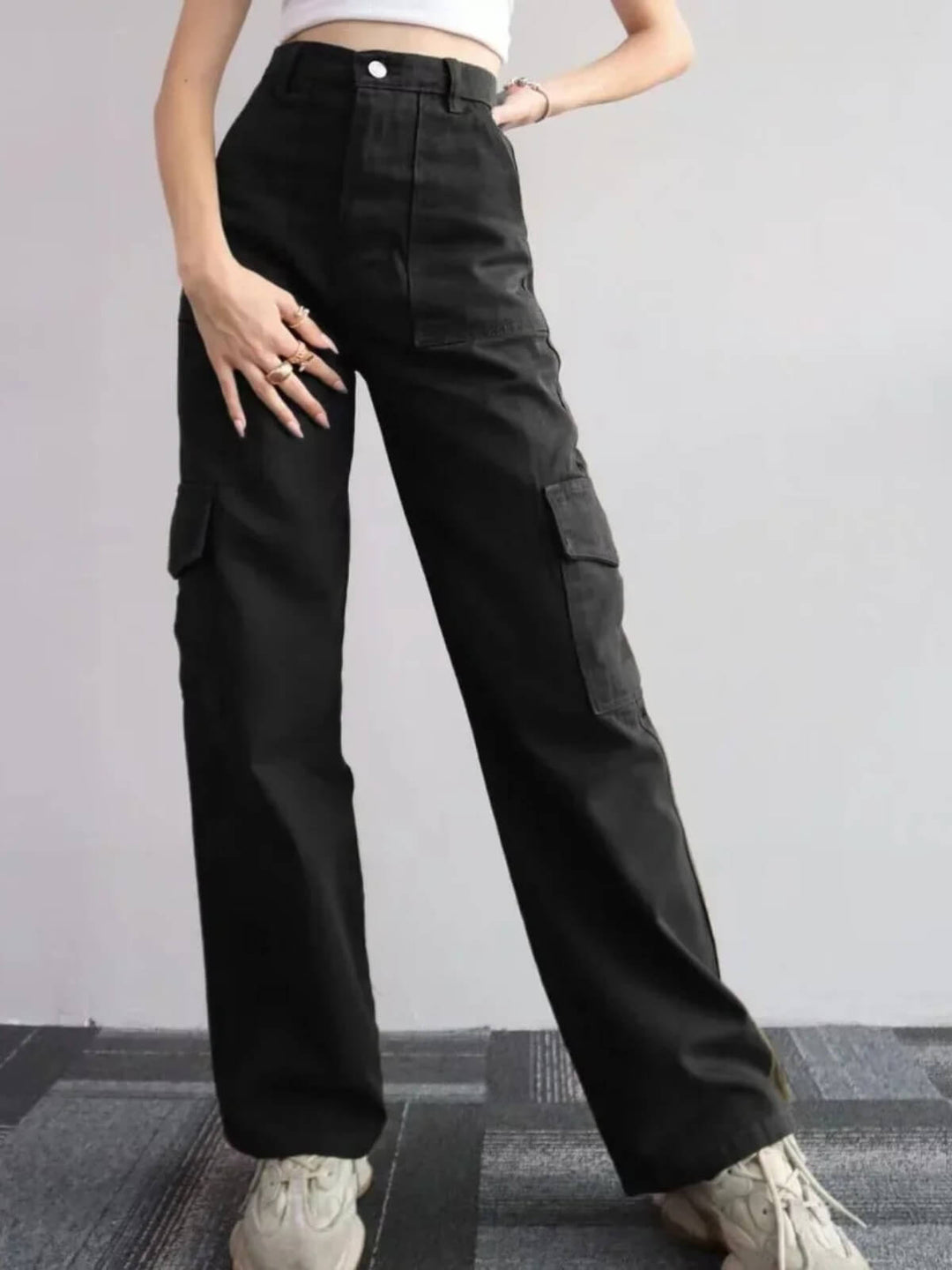 Slim Fit Wide Leg Pockets Mid Waist Pants