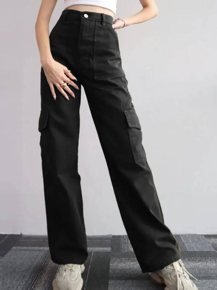 Slim Fit Wide Leg Pockets Mid Waist Pants