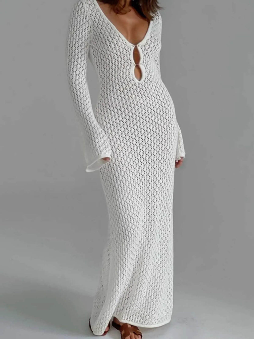 Women's Long Sleeve See-Through Deep V-Neck Hollow-Out Backless Beach Dress