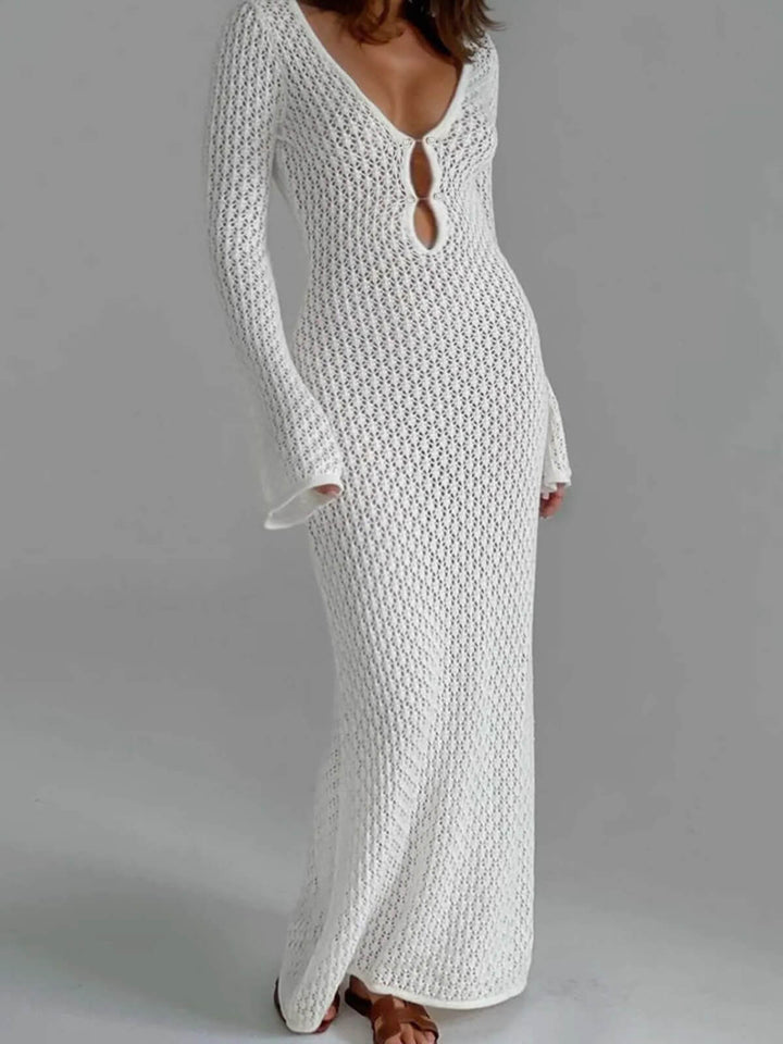 Women's Long Sleeve See-Through Deep V-Neck Hollow-Out Backless Beach Dress