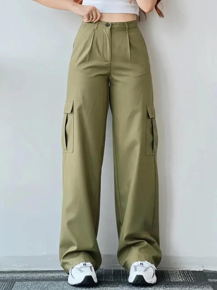 Slim Fit Wide Leg Pockets Mid Waist Pants