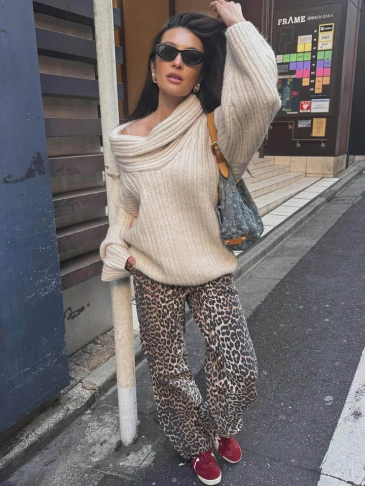 Fashionable Oversized Pullover Long Sleeve Off-Shoulder Knit Sweater