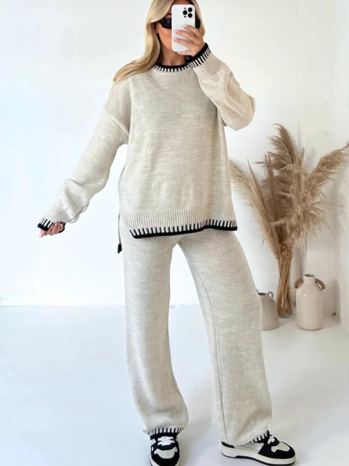 Two-Piece Casual Outfits Loose O-Neck Pullover Top Wide Leg Pants