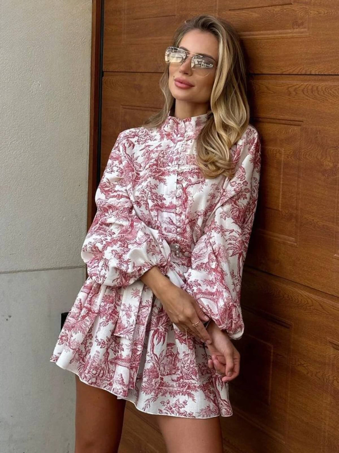 Casual Stand Collar Puff Sleeve Mini Dress With Elegant Lace-Up Pleats