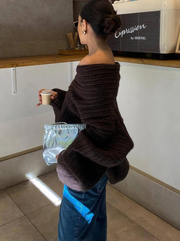Fashionable Oversized Pullover Long Sleeve Off-Shoulder Knit Sweater