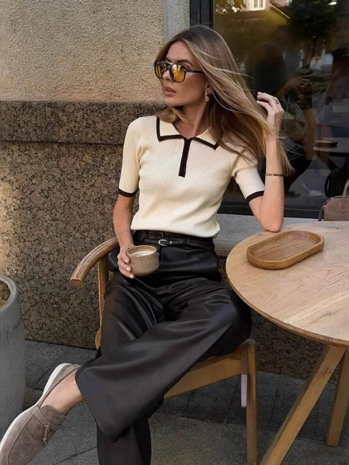 Slim Fit Short Sleeve Patchwork Lapel Top