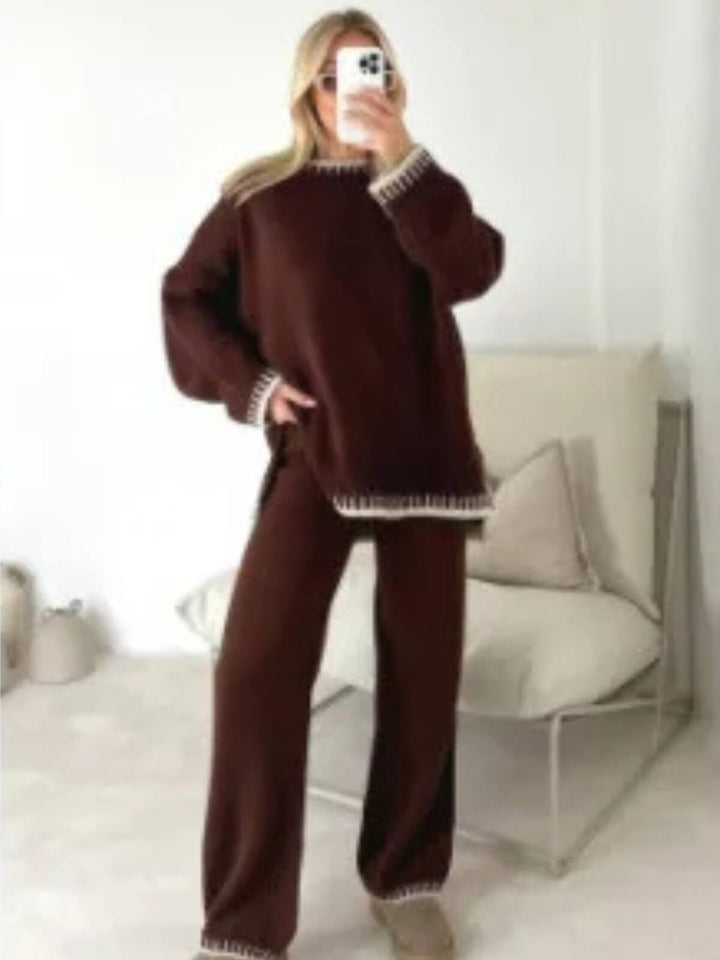 Two-Piece Casual Outfits Loose O-Neck Pullover Top Wide Leg Pants
