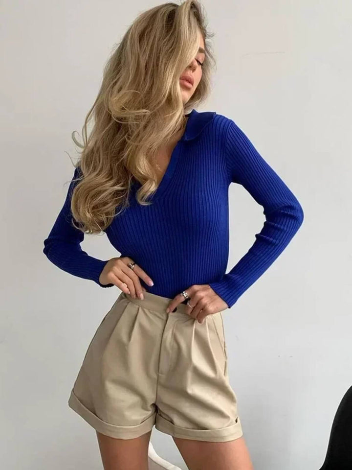 Polo Top V-Collar Knit Sweater