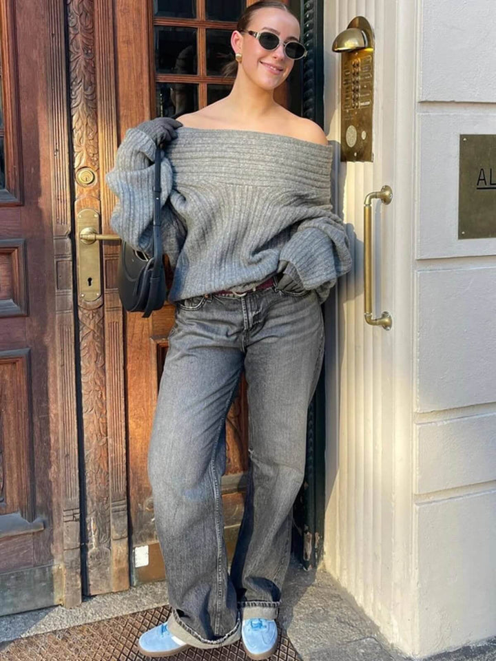 Fashionable Oversized Pullover Long Sleeve Off-Shoulder Knit Sweater