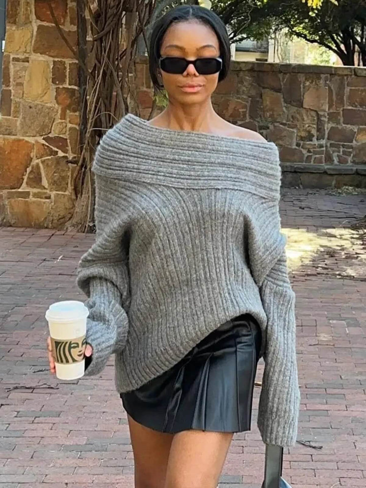 Fashionable Oversized Pullover Long Sleeve Off-Shoulder Knit Sweater