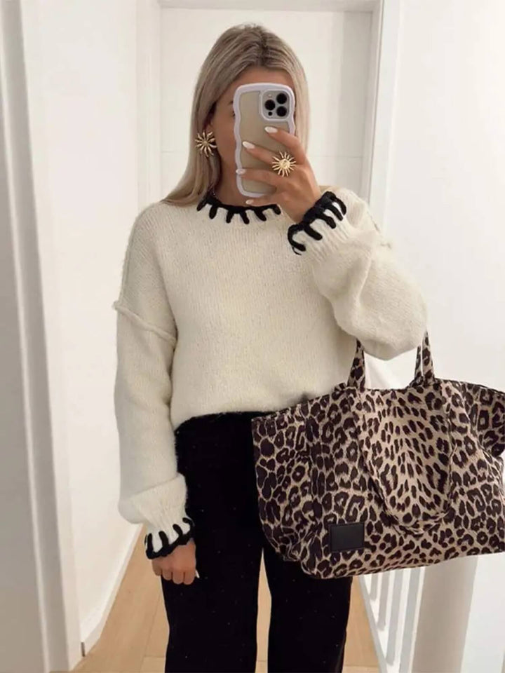 Casual Round Neck Long Sleeve Colour Contrast Quilted Sweaters