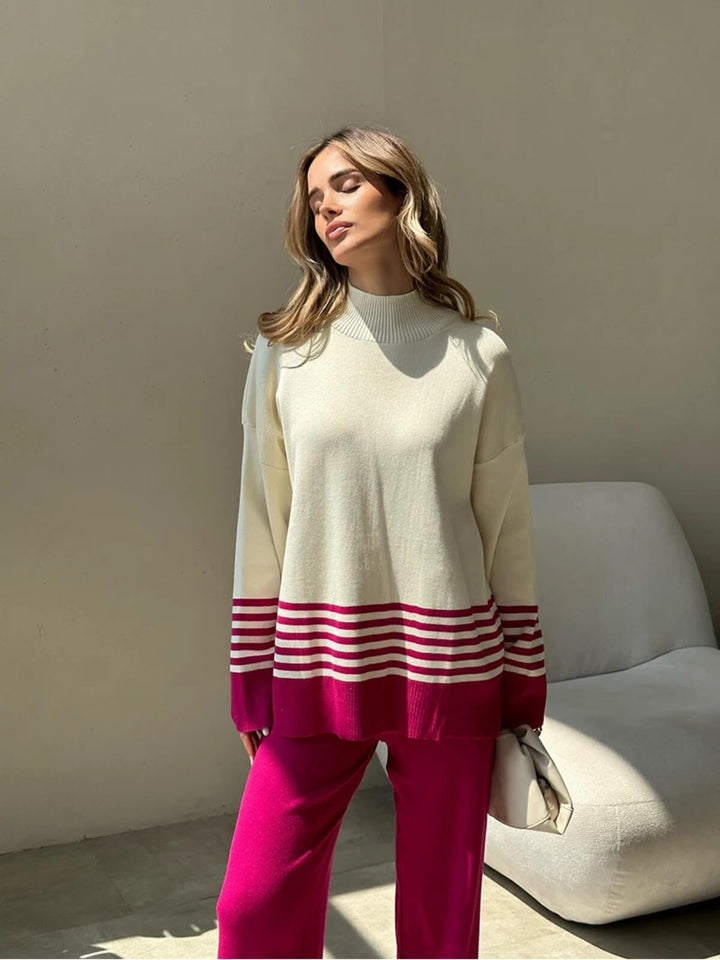 Casual Two-Piece Knitted Suit Striped Sweater Matching Knit Pants Set