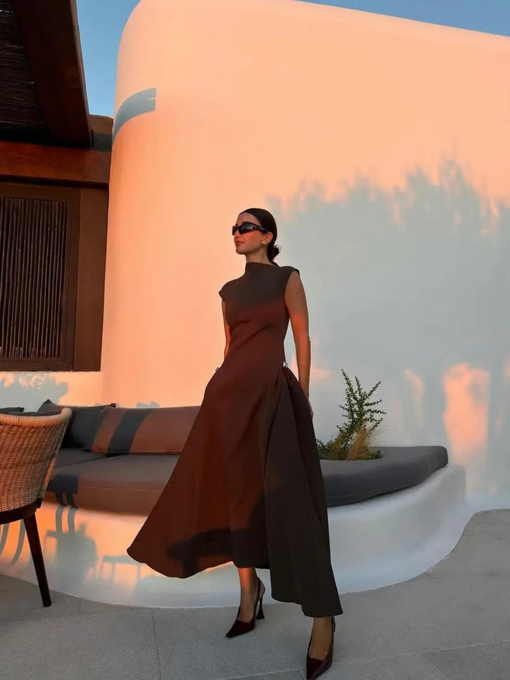 Elegant Collar Pleated A-Line Sleeveless Long Dress