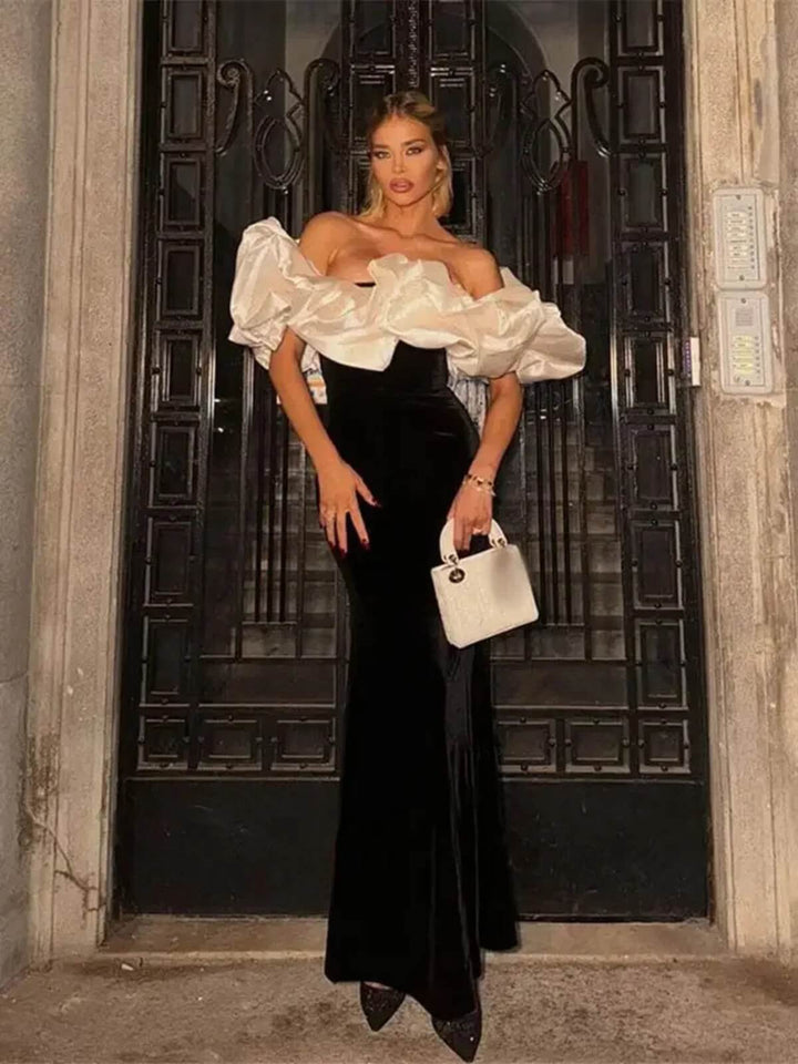 Elegant Pleated Patchwork Off Shoulder Backless Sleeveless Slim Long Dress