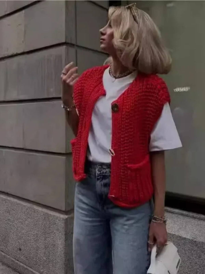 Fashionable V-Neck Button Up Front Pockets Sleeveless Vest