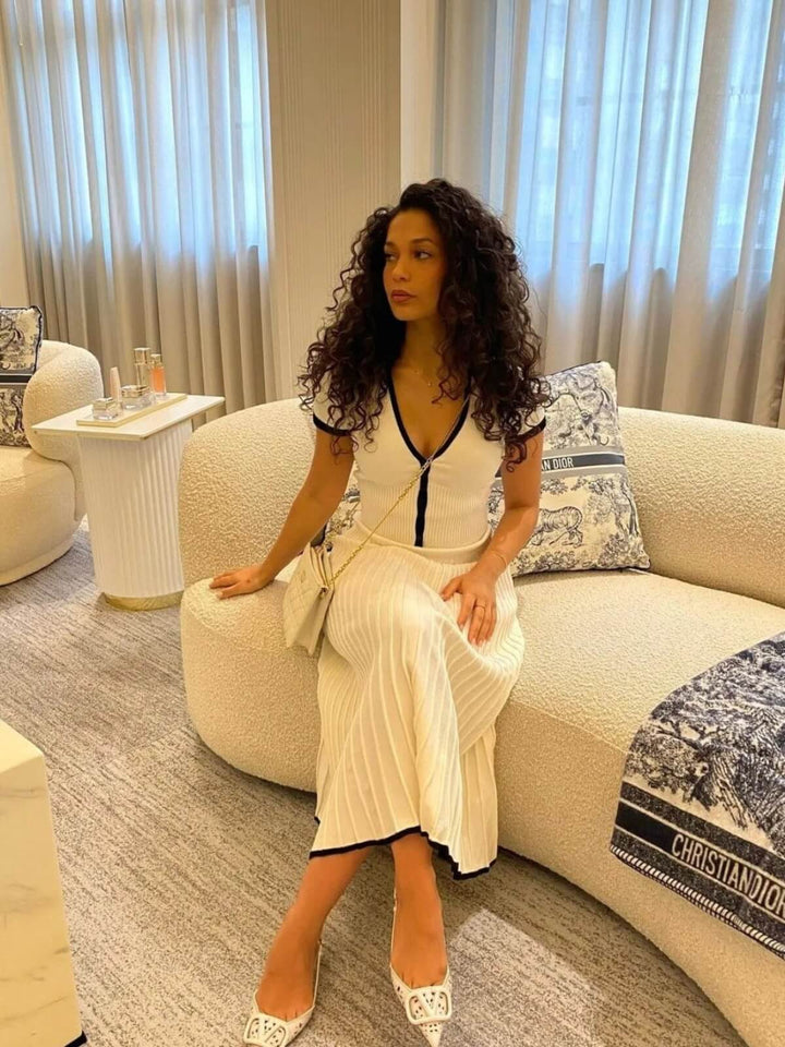 Knit Patchwork Two-Piece Set Long Skirt With V-neck Crop Top