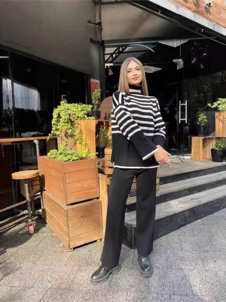 Casual Knitted Stripe Style High Collar Sweater With Loose Pants Set