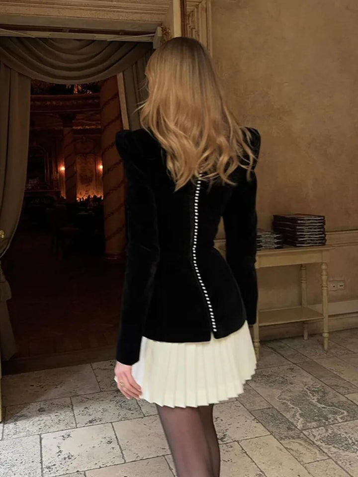Chic Pleated Square Collar Full Sleeve Mini Skirt Set