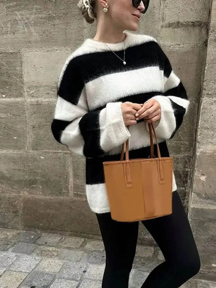 Women's O-Neck Long Sleeve Stripe Loose Sweater