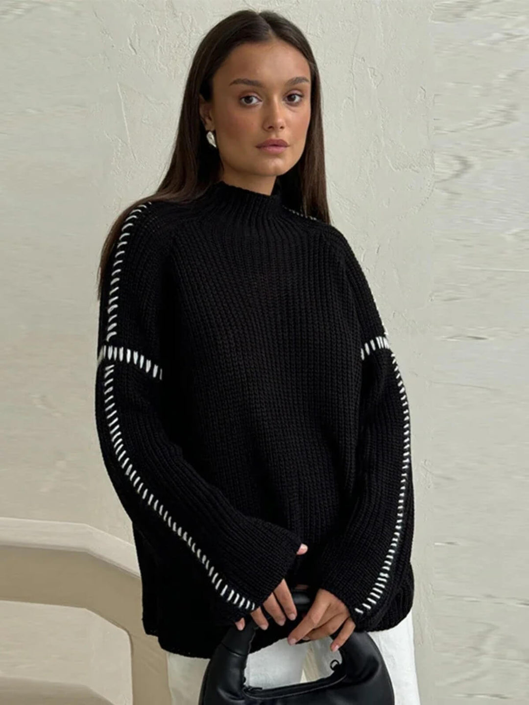 Women's Minimalist Patchwork High Neck Sweater
