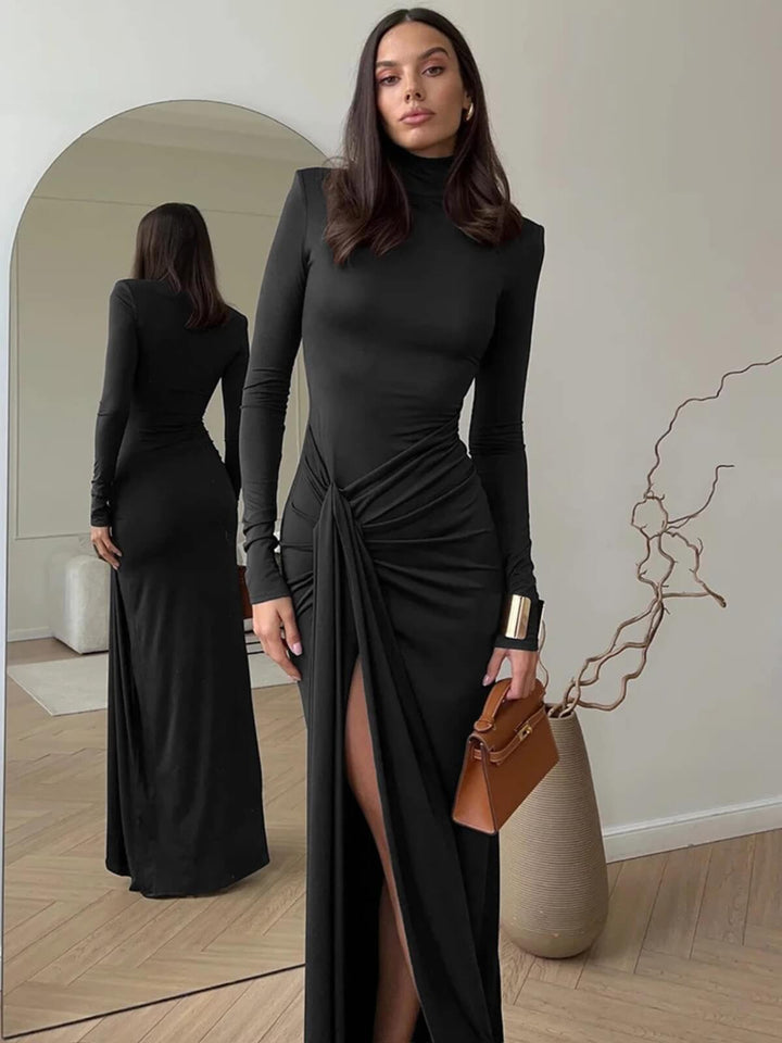 Fashionable Long Sleeve Turtleneck Thigh High Split Sexy Long Maxi Dress