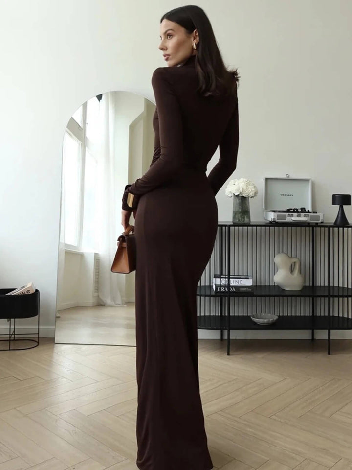 Fashionable Long Sleeve Turtleneck Thigh High Split Sexy Long Maxi Dress