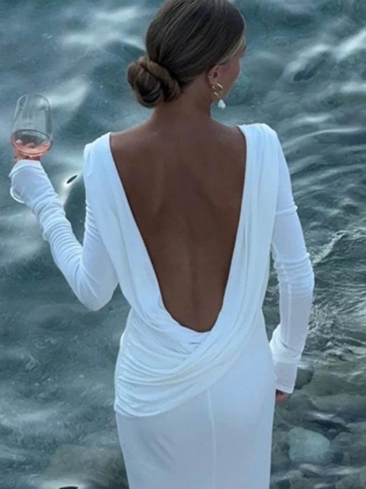 Pleated Elegant Backless Long-Sleeved Slim Fit Dress