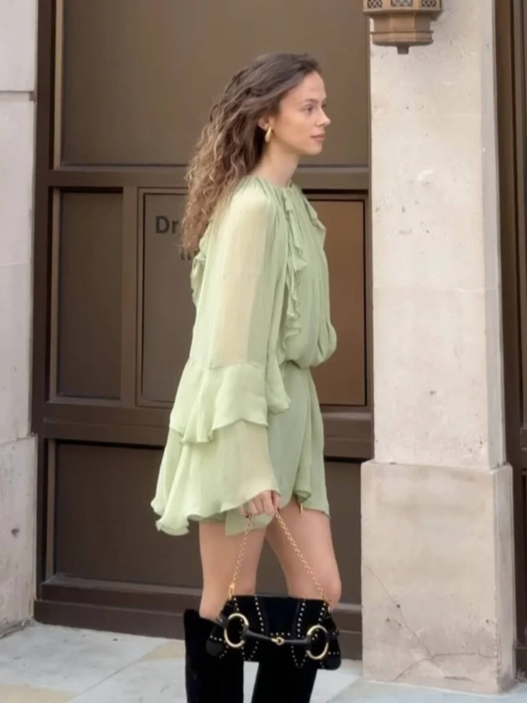Elegant O-Neck Ruffled Pleated Mini Dress