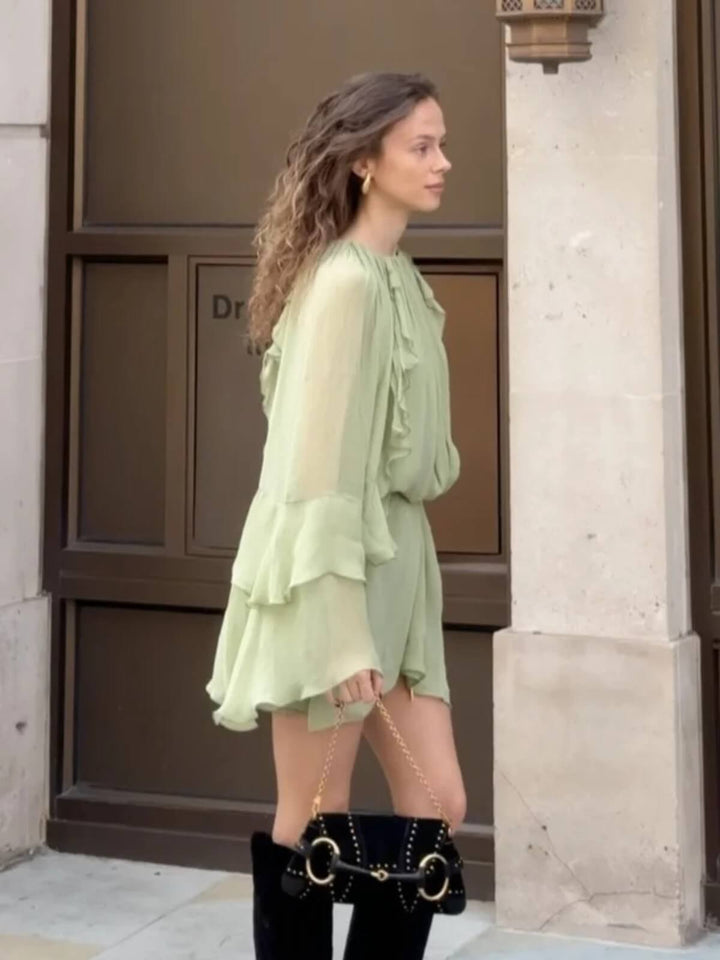Elegant O-Neck Ruffled Pleated Mini Dress