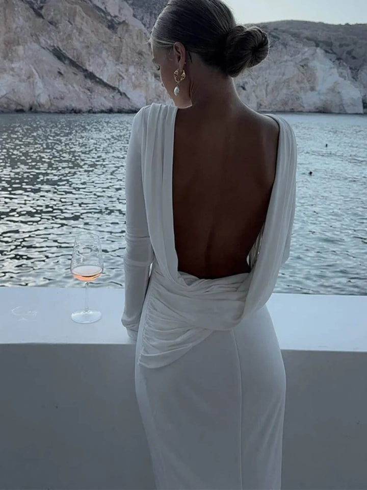 Pleated Elegant Backless Long-Sleeved Slim Fit Dress