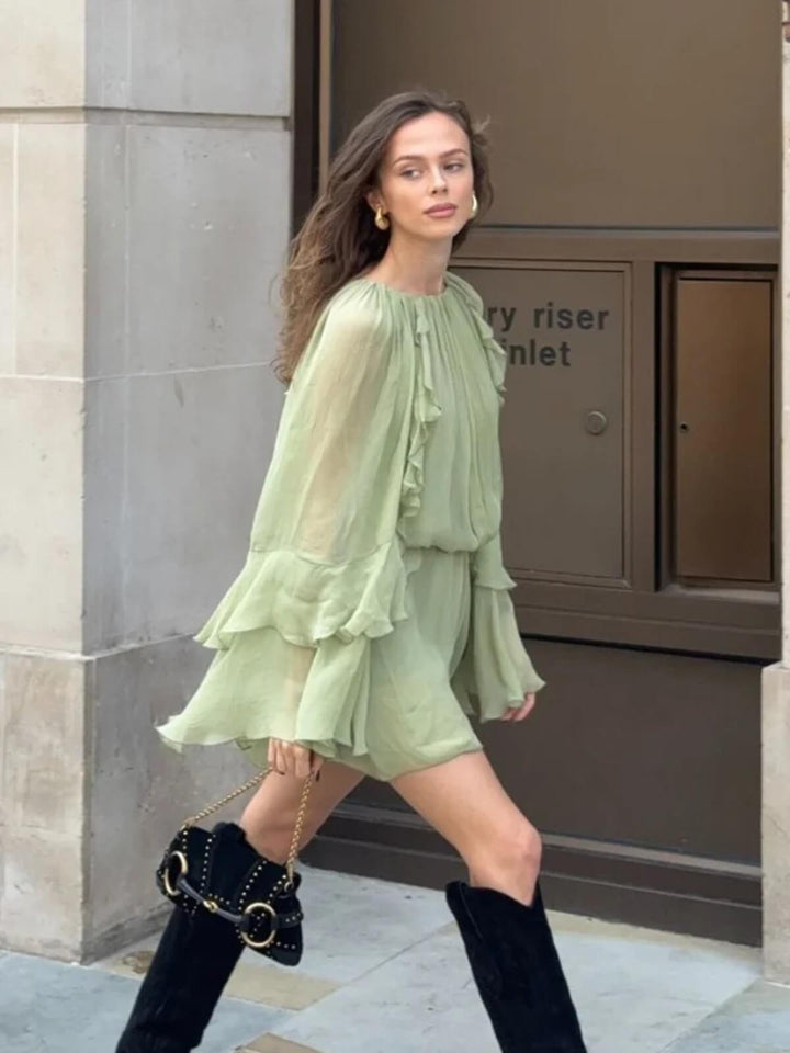 Elegant O-Neck Ruffled Pleated Mini Dress