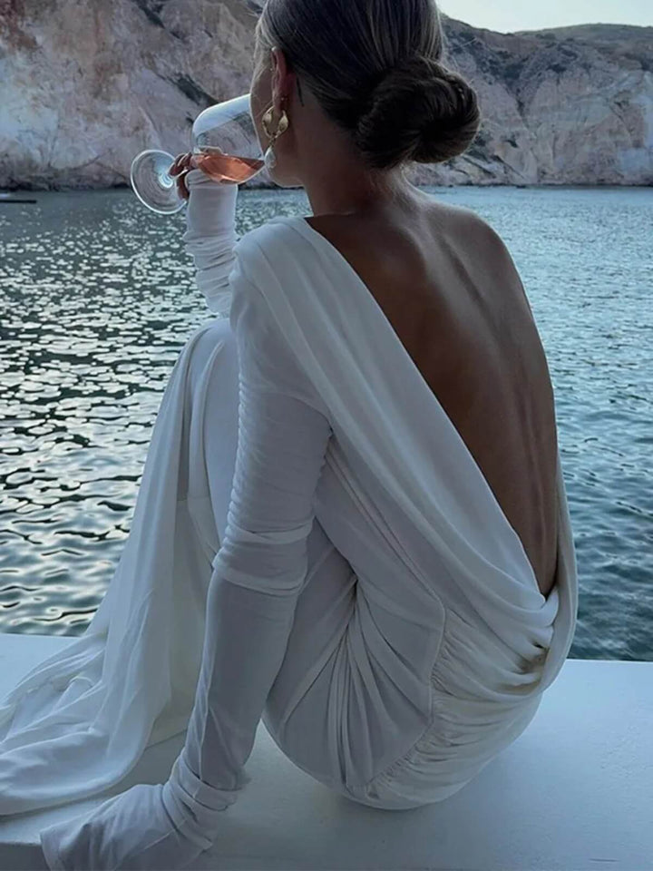 Pleated Elegant Backless Long-Sleeved Slim Fit Dress