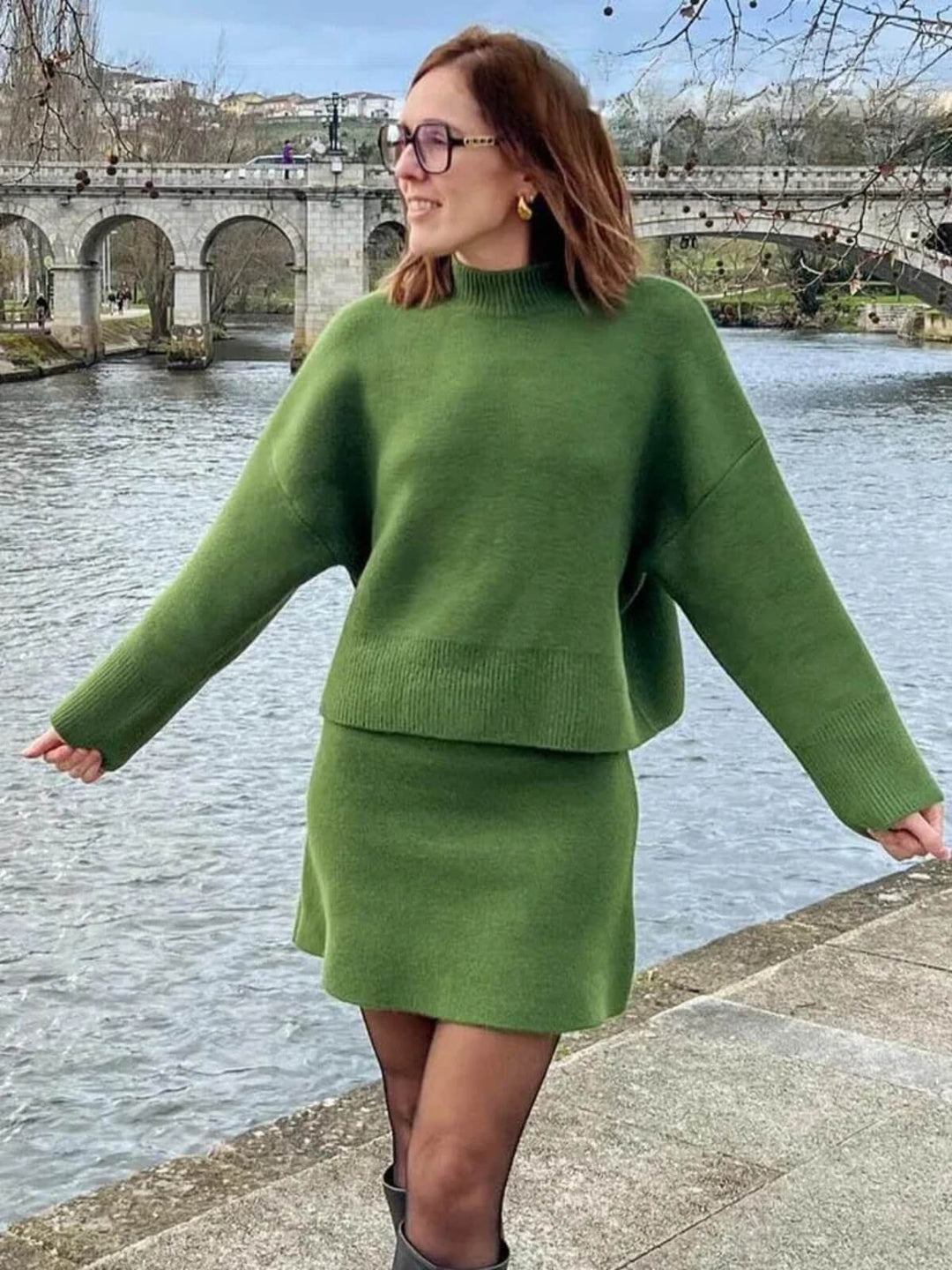 Ladies' Long Sleeve O-Neck Sweater Pullover With Solid Slim A-Line Mini Skirt Set