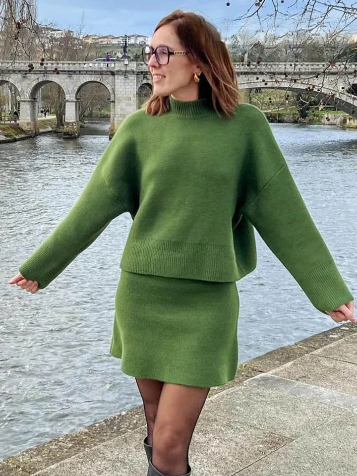 Ladies' Long Sleeve O-Neck Sweater Pullover With Solid Slim A-Line Mini Skirt Set
