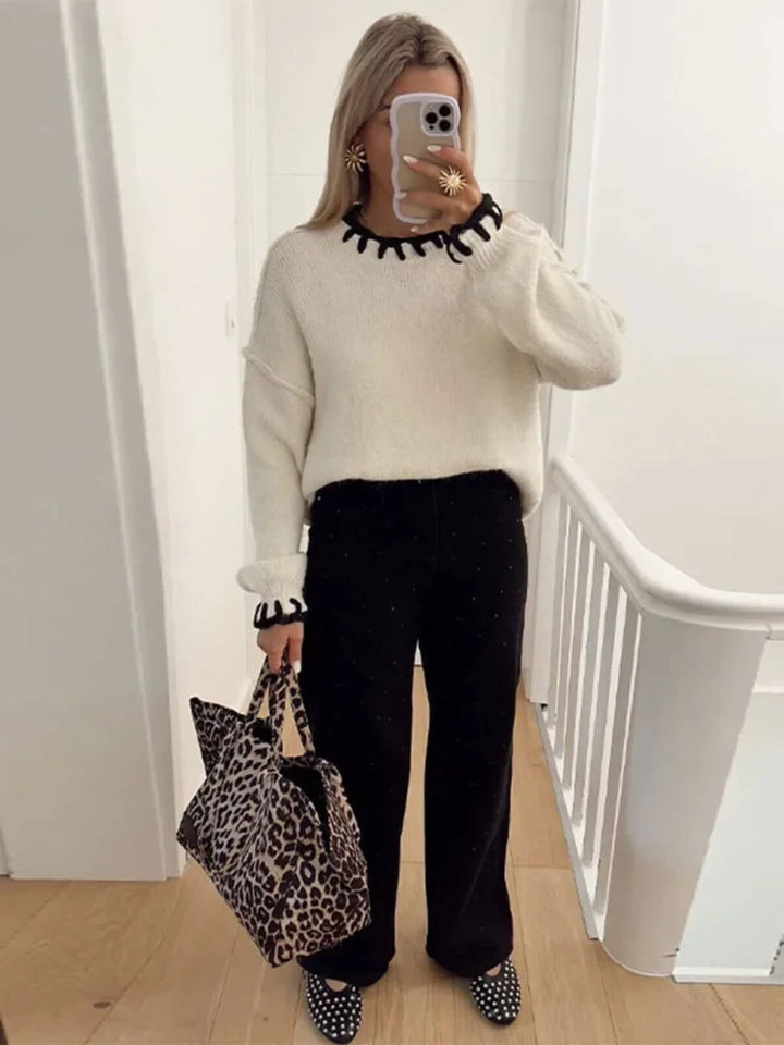 Casual Round Neck Long Sleeve Colour Contrast Quilted Sweaters