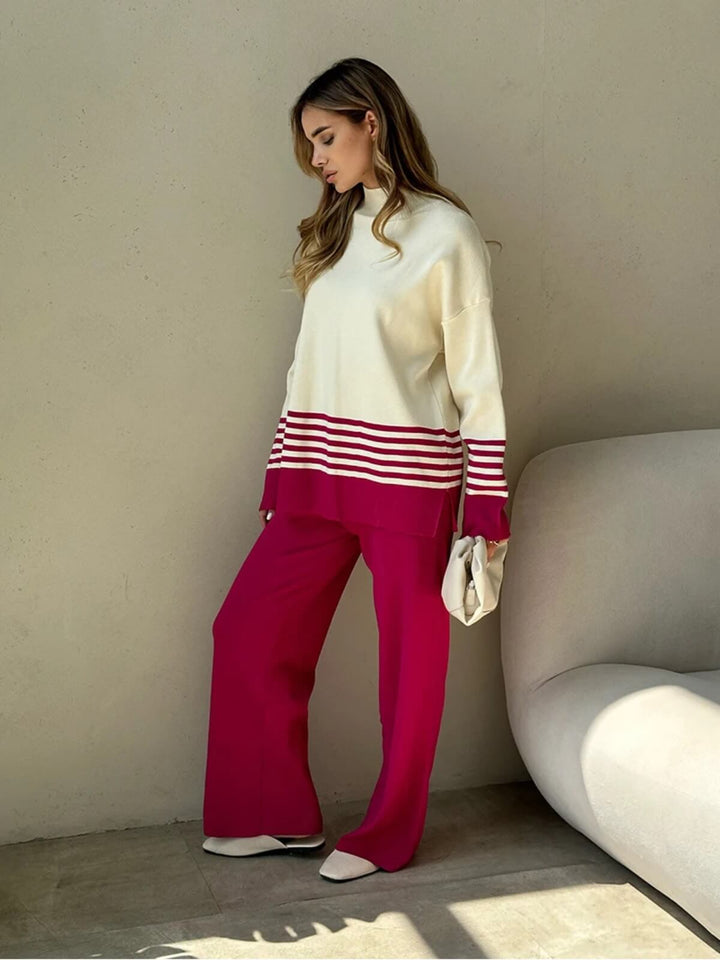 Casual Two-Piece Knitted Suit Striped Sweater Matching Knit Pants Set